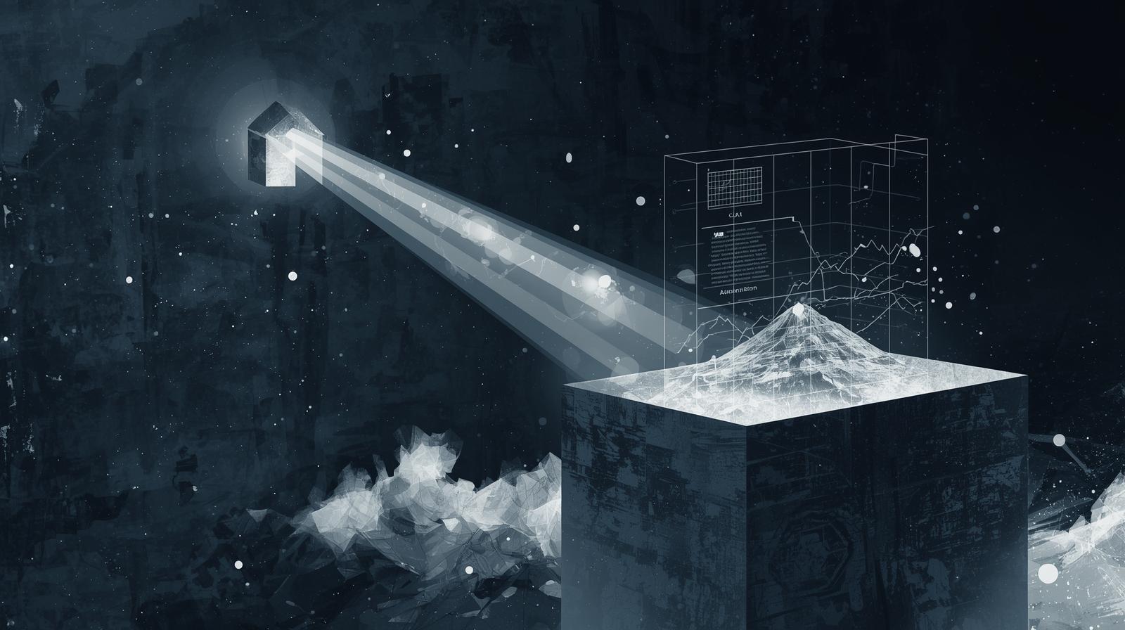 A glowing house emits a beam of light onto a crystalline mountain.